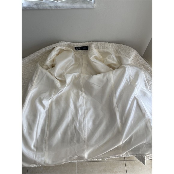 ZARA White & Gold Tweed Textured Double Breasted Jacket  Blazer Frock Coat XS - Picture 5 of 7